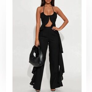 NEW Fashion Nova Elegant Black Ruffle Top Wide Leg Pant Set